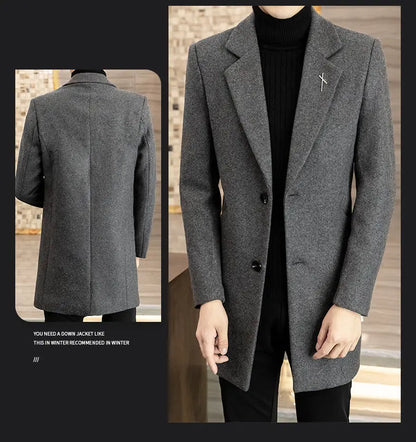 High-quality men's fashionable and stylish mid-length solid color woolen and cotton thick coat for autumn and winter
