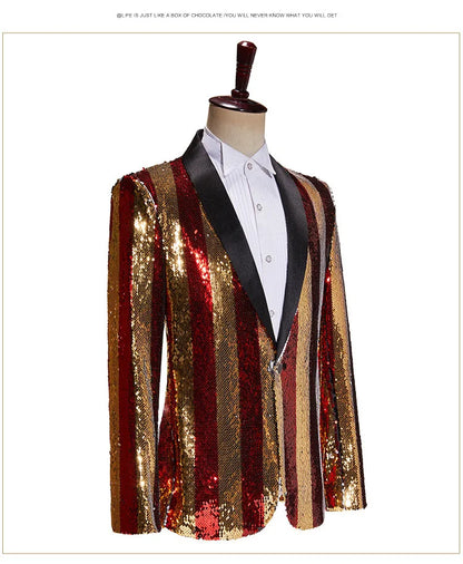 Men's Luxury Sequins Suit Jacket Double Side Stripes Trendy Blazers Banquet Evening Party Singer Host Stage Performance Tuxedo