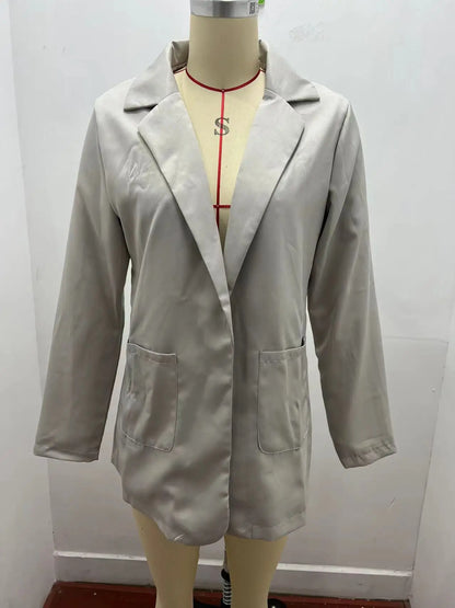 Women's Casual Blazer Notched Lapel Long Sleeve Open Jacket with Pockets Slim Fit Spring Autumn Office Lady Streetwear Coat