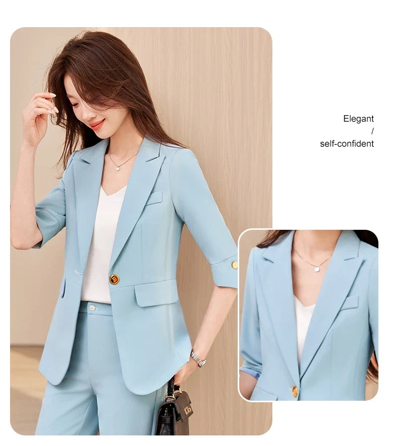 Fashionable professional women's wear, mid-sleeve suit jacket + pant. Exquisite elegant, new style for spring summer 2026