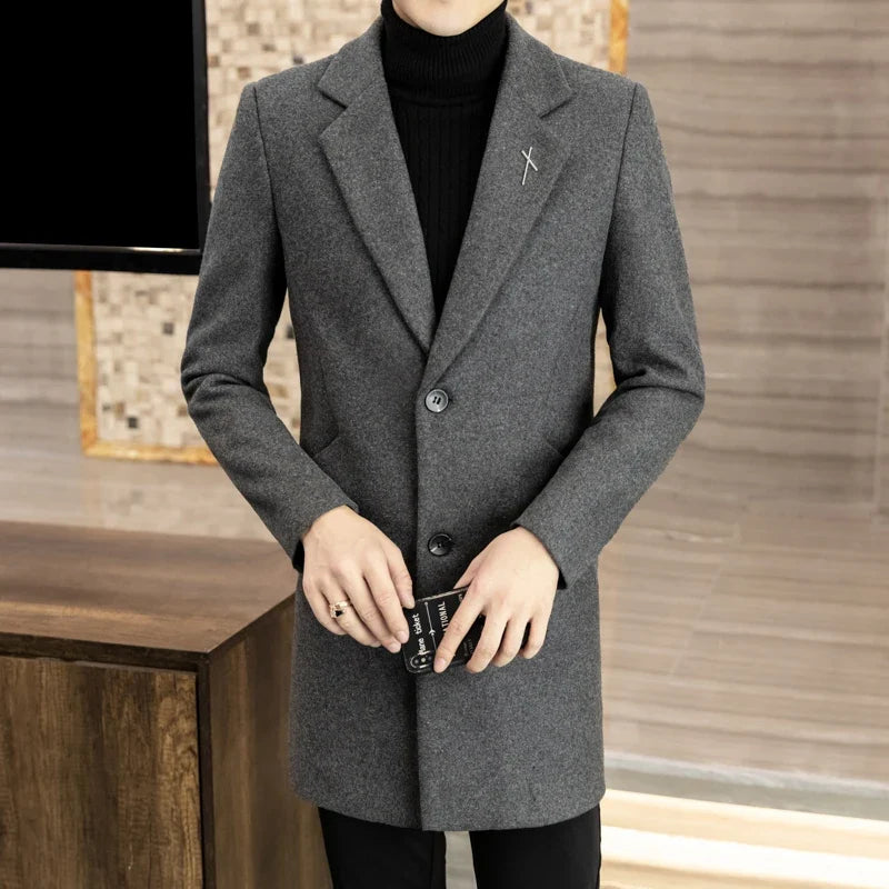 High-quality men's fashionable and stylish mid-length solid color woolen and cotton thick coat for autumn and winter