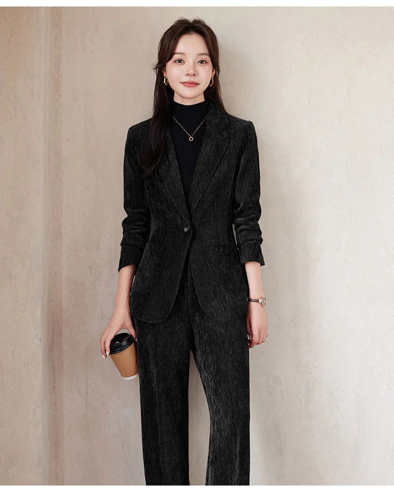 2024 Autumn New Corduroy Elegant Pant Suit Ladies Formal Business Work Wear 2 Piece Set Black Coffee Jacket Blazer And Trouser