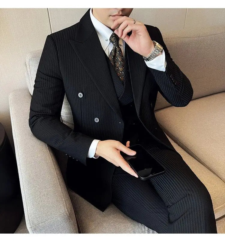 Korean Slim Fitt Wedding Suit Fashion Striped Double Breasted Suit 3 Piece Set Business Formal Casual Party Prom Host Suits