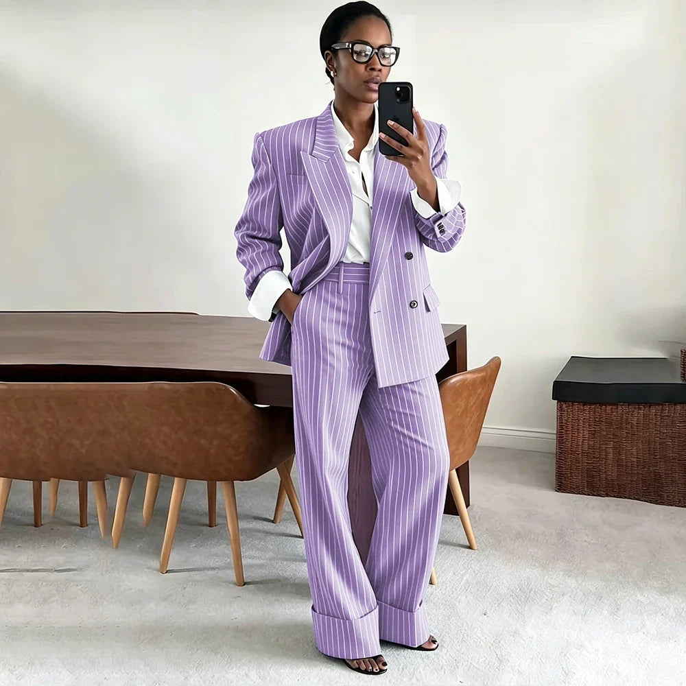 Neutral Gray Pinstripe Oversized Matching Sets Double Breasted Women's Suit Casual Formal 2-Piece(Jacket+Pants) Office Set