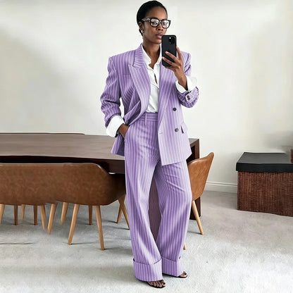 Neutral Gray Pinstripe Oversized Matching Sets Double Breasted Women's Suit Casual Formal 2-Piece(Jacket+Pants) Office Set