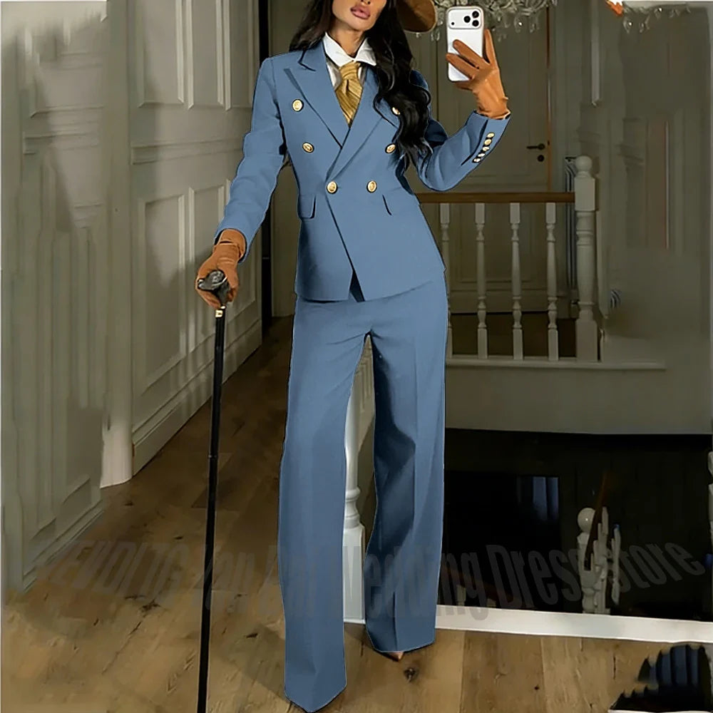 Navy Blue Women's Suit Regular Fitted Customized Peaked Lapel Blazer Professional Outfit(Jacket+Pants) Office Lady Daily Set