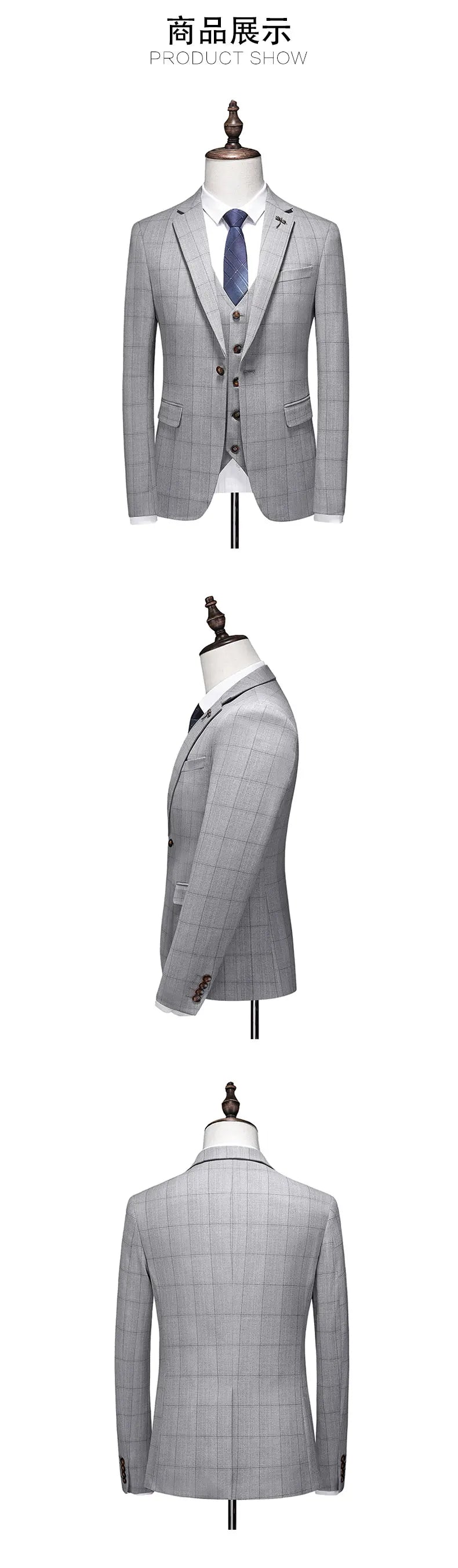 Business Casual Plaid (suit + Vest + Trousers) High-end Fashion Handsome Button Suit Korean Version Slim-fit Three-piece Set