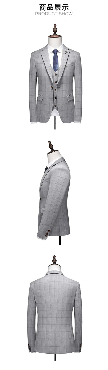 Business Casual Plaid (suit + Vest + Trousers) High-end Fashion Handsome Button Suit Korean Version Slim-fit Three-piece Set