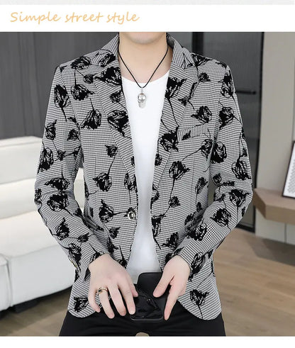 Blazer: Outdoor Fashion Business Gentleman Print Wedding Host Campus Slim-fit Casual Korean-style Youthful Versatile Men Blazer