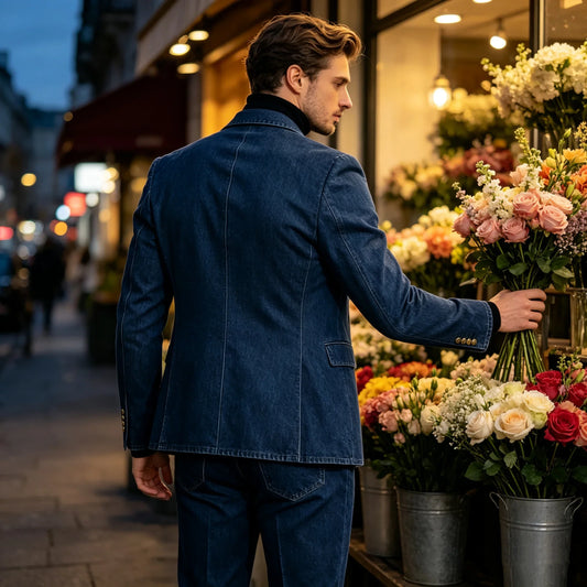 New Fashion Denim Men's Suit Classic Double Breasted Peak Lapel Slim Fit 2 Pieces Suit Jacket Blazer Pants Elegant Causal Style