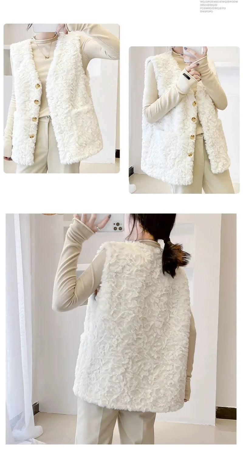 Lady Fashion Vest Outerwear Autumn Winter Female Imitation lamb Wool Waistcoat Coat Korean Women Rabbit 's Hair Sleeveless