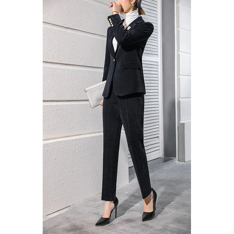 High Quality Fabric Corduroy Formal Women Business Suits OL Styles Professional Pantsuits Office Work Wear Autumn Winter Blazers