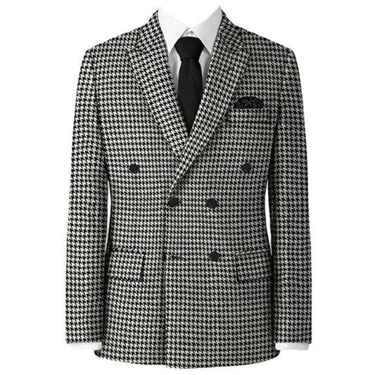 Men's Suit Jacket Double-Breasted Houndstooth Plaid Slim Fit Blazer for Business Casual & Weddings