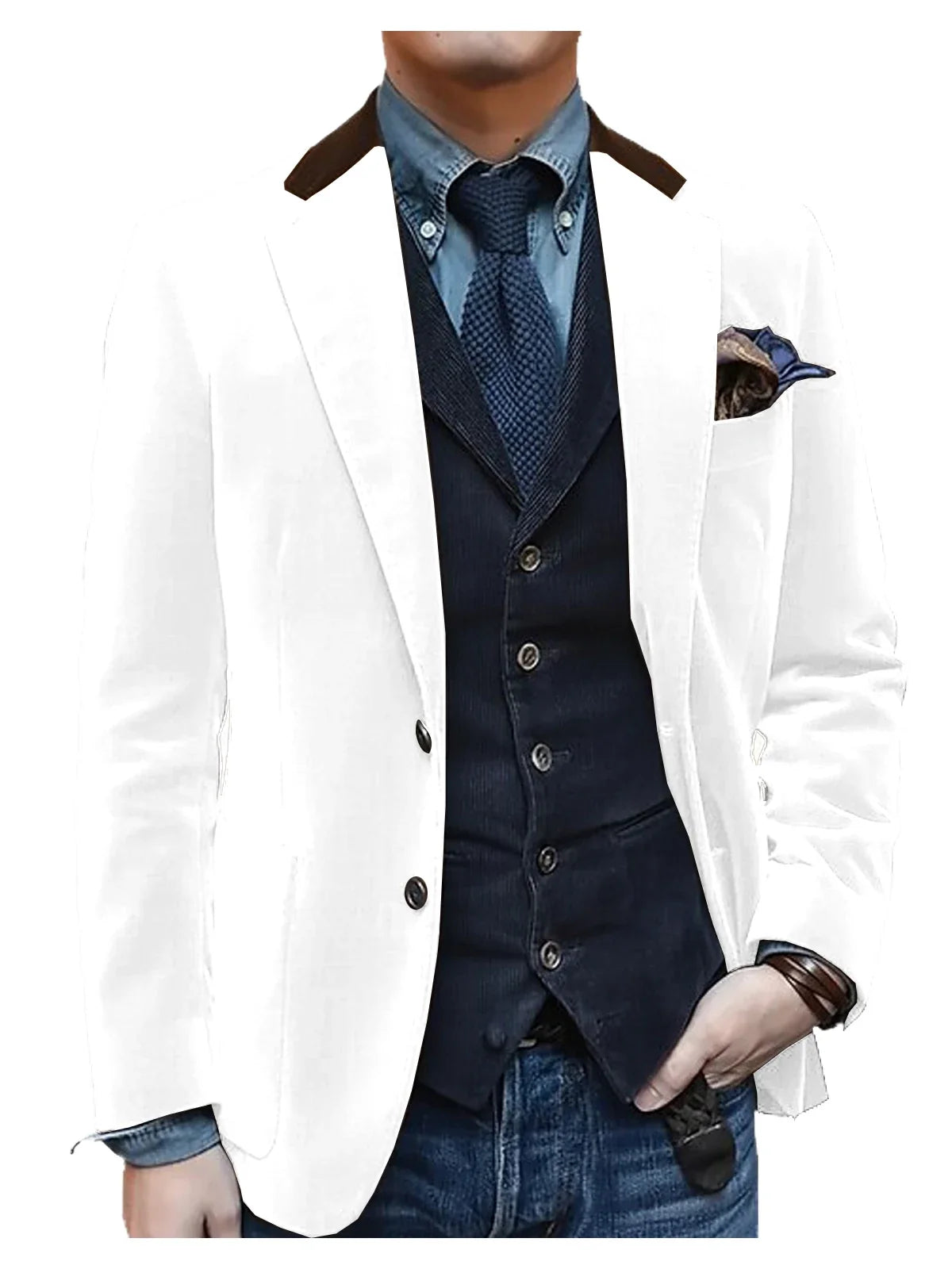 Men Velvet Blazer Contrast Brown Lapel Single Breasted Flap Pockets Smart Casual Business Streetwear Formal Outerwear