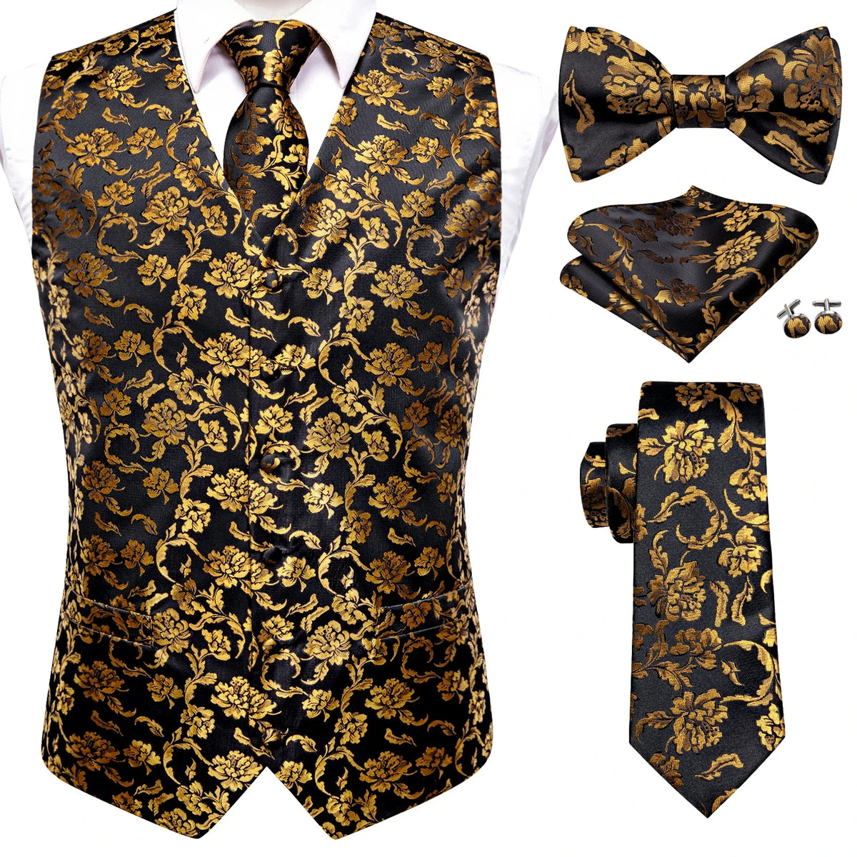 Men's Suit Vest Set – Broadcloth Waistcoat with Tie, Bowtie, Hanky & Cufflinks for Weddings & Office