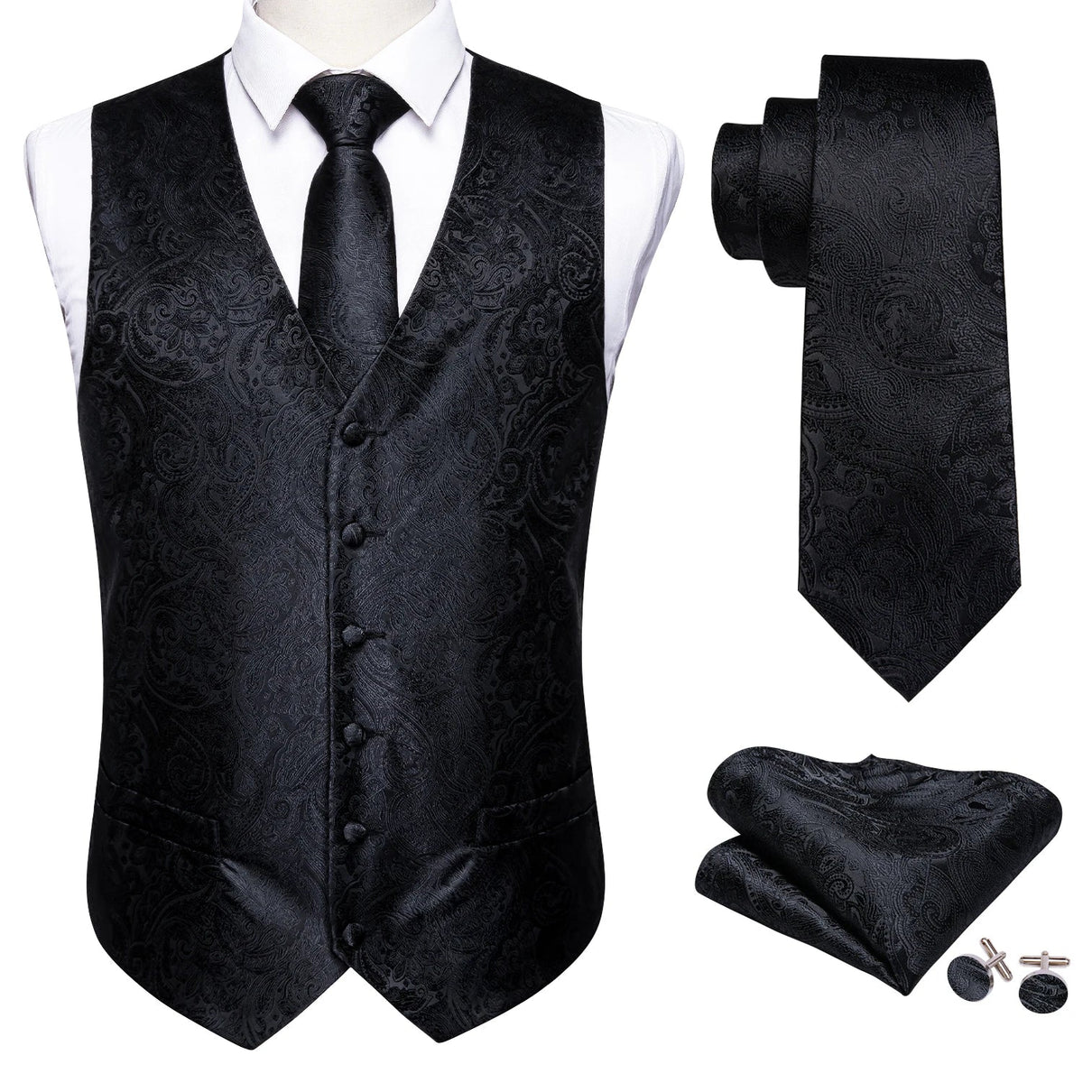 Men's Jacquard Floral V-Neck Suit Vest & Matching Tie Set, Formal Fit Waistcoat for Wedding, Prom, Business Party