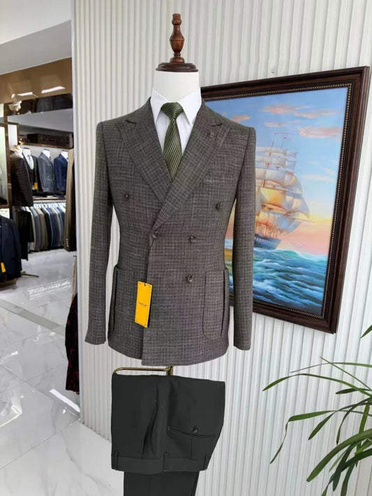 Men Double Breasted Plaid Suit 2 Pieces Wedding Groom Sets Elegant Premium Men's Slim Fit Suit Set For Business Party Tuxedo