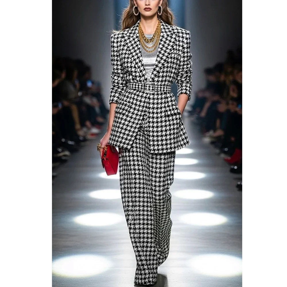 Classic Houndstooth 2 Pieces Women Suit Set Peaked Lapel Belted Blazer Pants Straight Fit Fashion Runway Party Prom Outfit