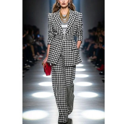 Classic Houndstooth 2 Pieces Women Suit Set Peaked Lapel Belted Blazer Pants Straight Fit Fashion Runway Party Prom Outfit