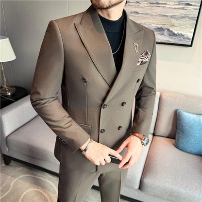 Brand Two-piece Suit for Men British Style Double Breasted Casual Business Suit Blazer Trousers Office Party Prom Wedding Suits
