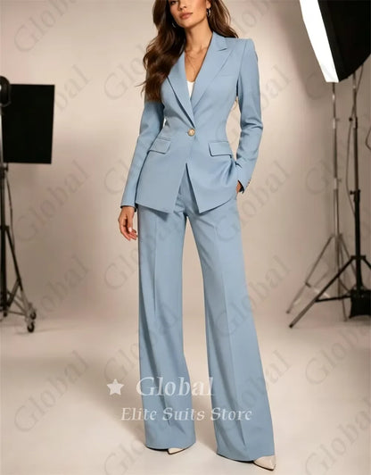 Light Blue Women 2 Piece Pantsuit Single Button Fitted Blazer Wide Leg Pants Elegant Formal Office Business Wedding Customized