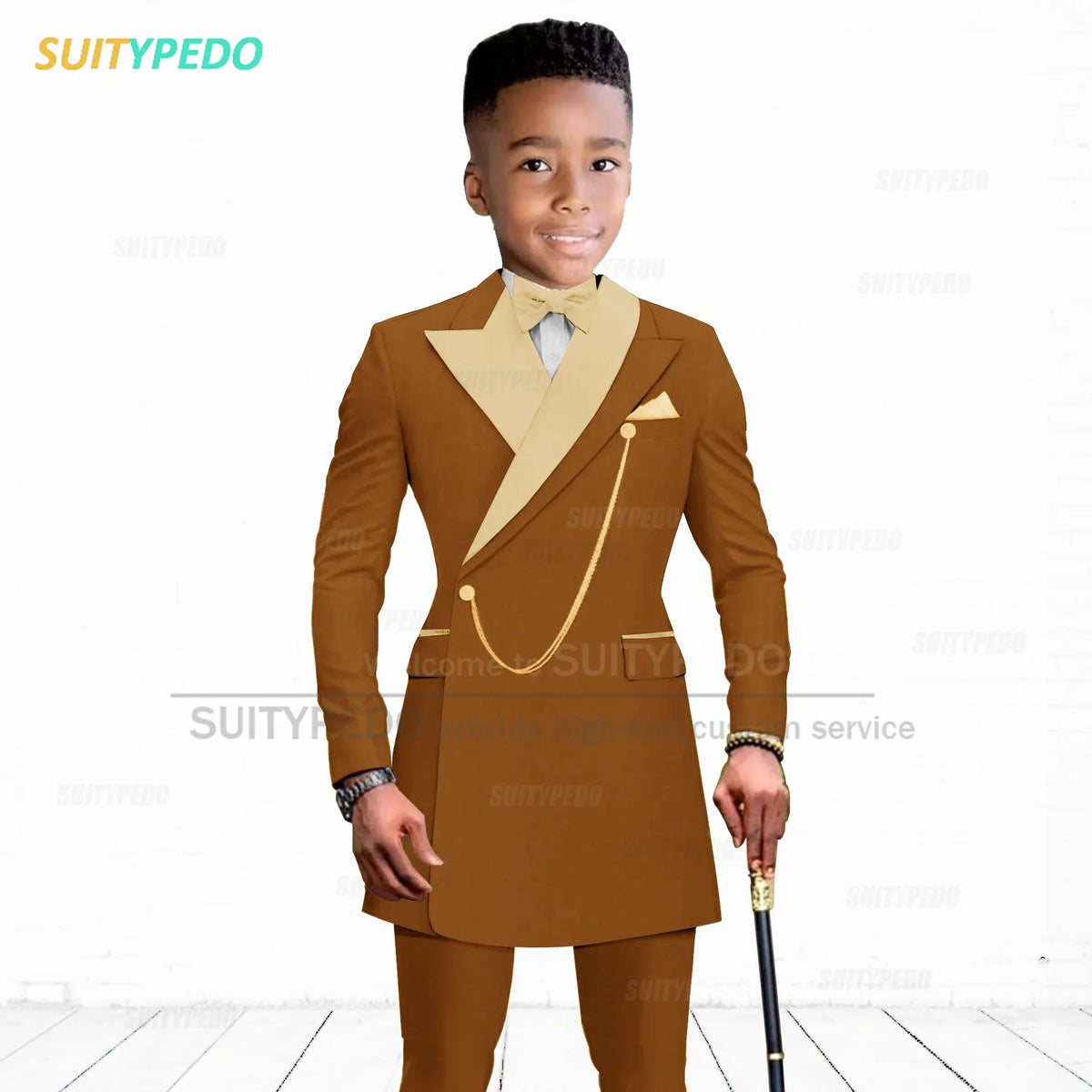 Brief Kids Suit Set  Formal Evening Prom Boys Stylish Gold Lapel Blazer And Pants Two Pieces Children Baptism Formal Costumes