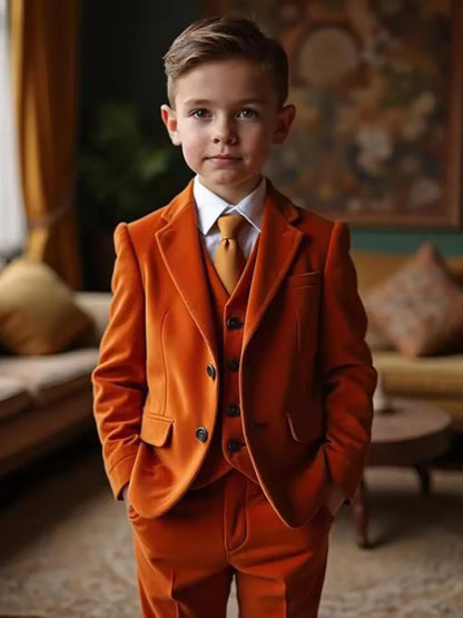 Comfortable Warm Velvet Boys Suits 3 Pieces Piano Performance Wear,Handsome Elegant Notched Lapel Kids Suit Set Wedding Outfit