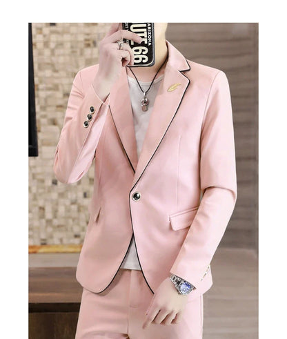 Men's Slim Fit Korean Style Two-Piece Suit Set – Smart Casual Polyester Suit for All Seasons