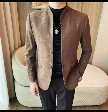 2025 Spring Trendy Jacquard Suit Jacket Men Stand Up Collar Casual Blazers Slim Wedding Business Streetwear Social Dress Coats