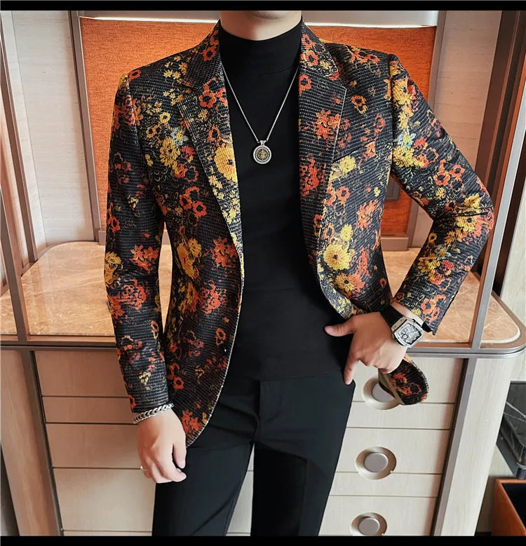 Luxury Art Jacquard Suit Jacket for Men Korean Version Business Casual Blazers Slim Fit Wedding Groom Social Dress Coats M-4XL