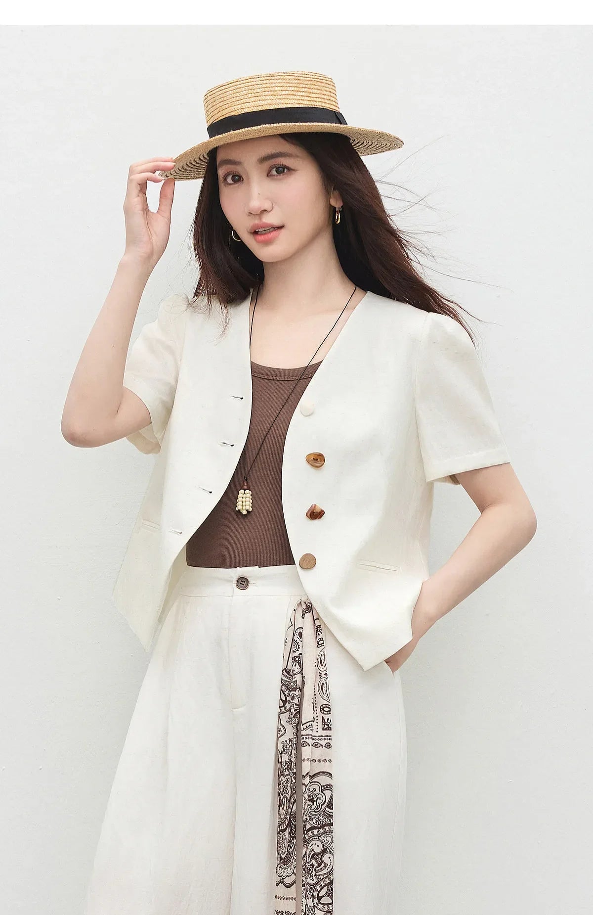Commute V-Neck Short Sleeve Blazer Top Women 2026 Summer Fashion Color Block Wooden Button Slim Fit Jacket Q62XC7391
