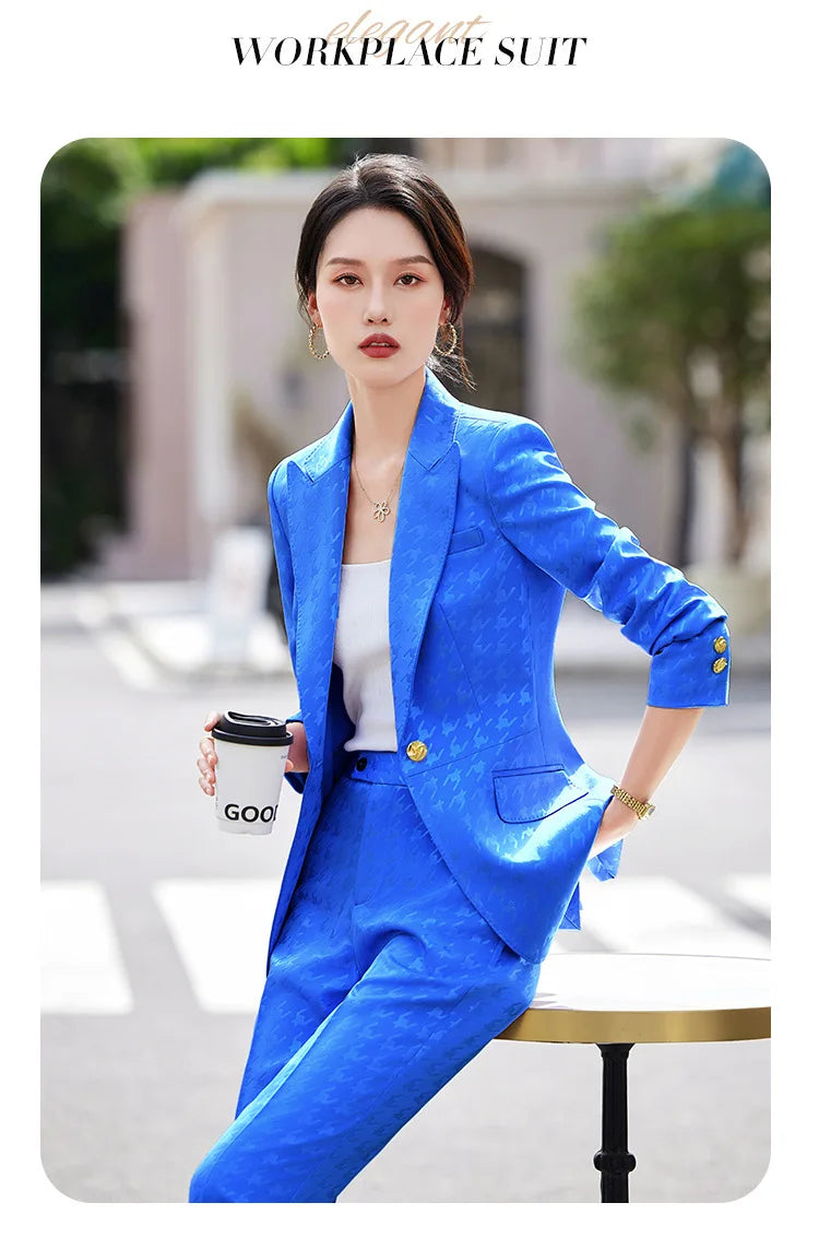 Fashion Ladies Formal Pant Suit Women Houndstooth Single Button Jacket And Trouser Female Business Work Wear 2 Piece Blazer Set