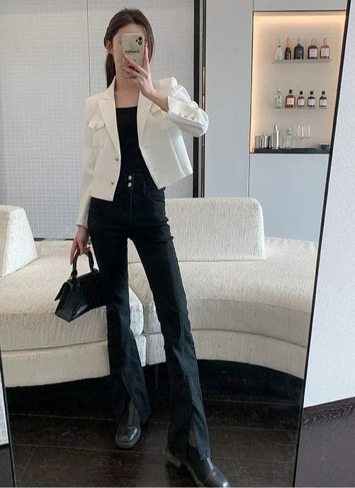 Women's New Petite Short White Suit Jacket Blazer Premium Casual Solid Color Spring Autumn Korean Style Elegant Temperament