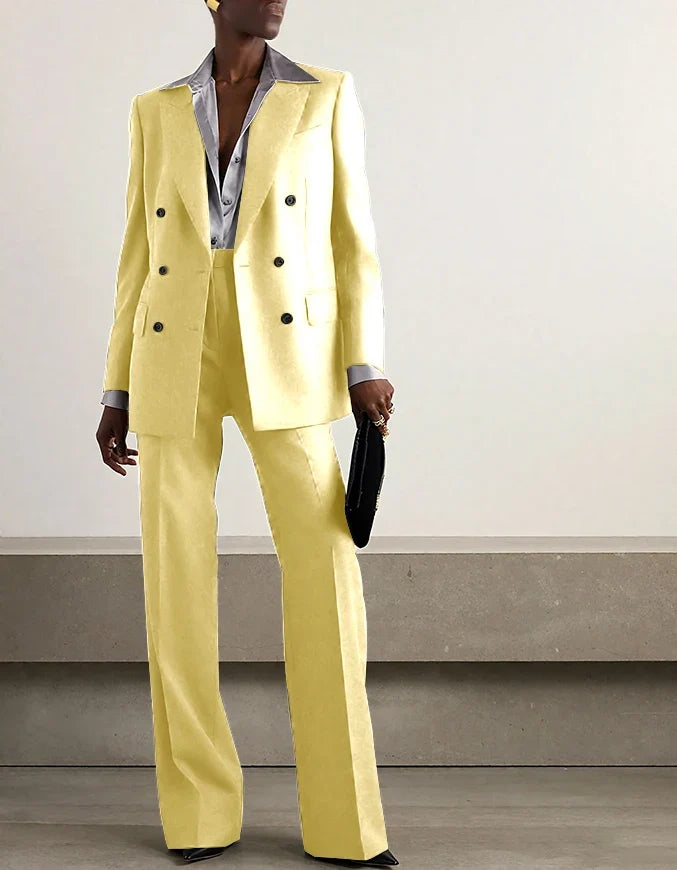 Fashion Grey Double Breasted Women Pants Set High-end Female Two Pieces(Jacket+Trousers)أطقم بناطيل
