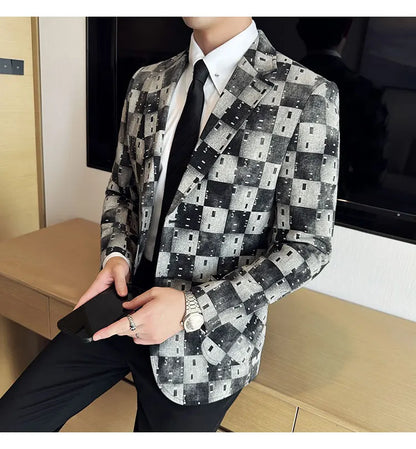 Korean Jacquard Denim Jacket for Men Autumn Winter Casual Business Men Blazers Slim Fit Wedding Social Dress Coat Men Clothing