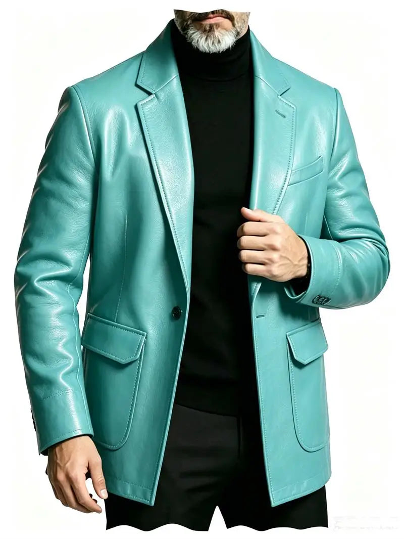 Men's PU Leather Blazer Single Breasted Slim Fit Notched Collar Suit Jacket Motorcycle Sport Coat For Formal Business Party