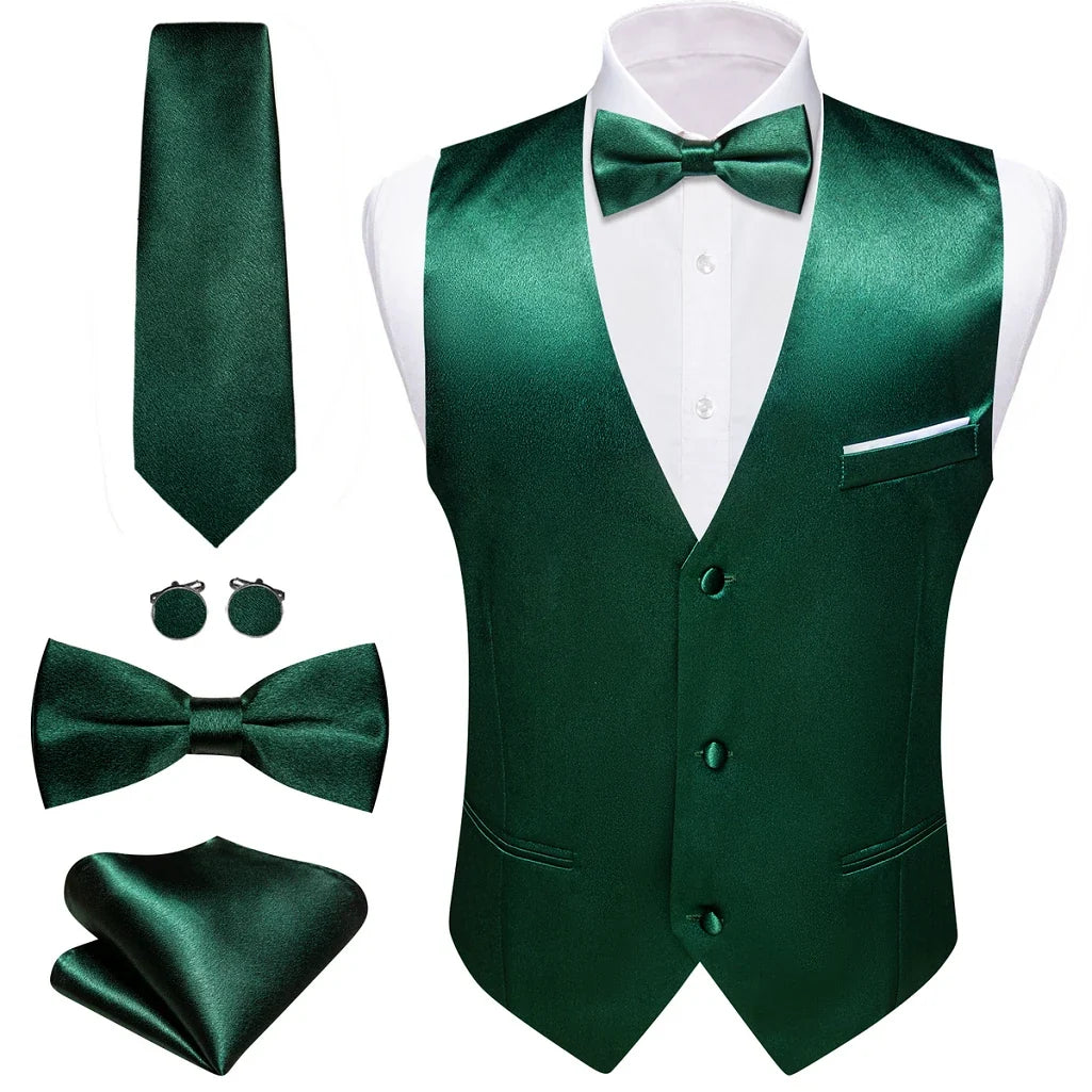 Men's Suit Vest 5-Piece Set – Solid Color V-Neck Waistcoat with Tie, Bow Tie, Pocket Square & Cufflinks for Wedding & Business