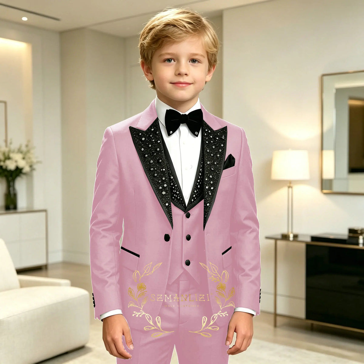 Classic Suits for Boys Black Crystals 3-Piece Fashion Stylish Boy's Tuxedo Formal For Party Outfit For Kids Blazer Vest Pant