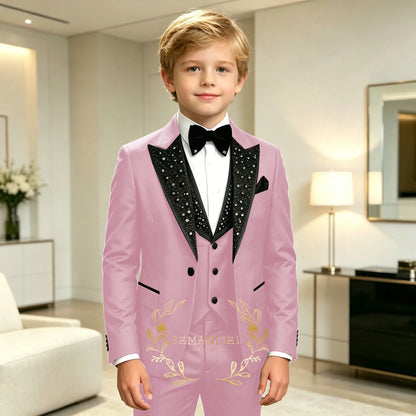 Classic Suits for Boys Black Crystals 3-Piece Fashion Stylish Boy's Tuxedo Formal For Party Outfit For Kids Blazer Vest Pant