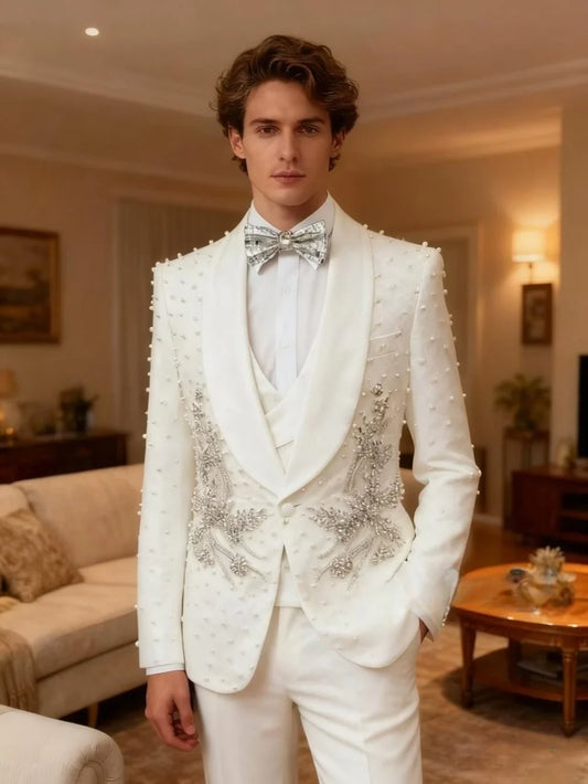 White Luxurious Pearls Suit Set 3 Pieces For Men Wedding Groom Sets Elegant Shawl Lapel Men's Suits Dancing Wear Party Tuxedo