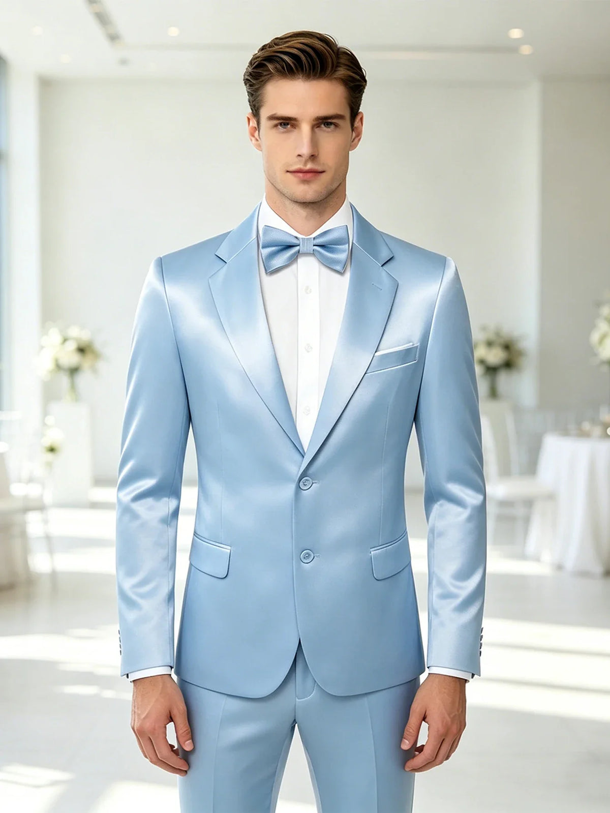 Light Sky Blue Solid Satin Men Blazer Jacket, Notch Lapel Two Button Slim Formal Coat for Wedding Prom Evening Events
