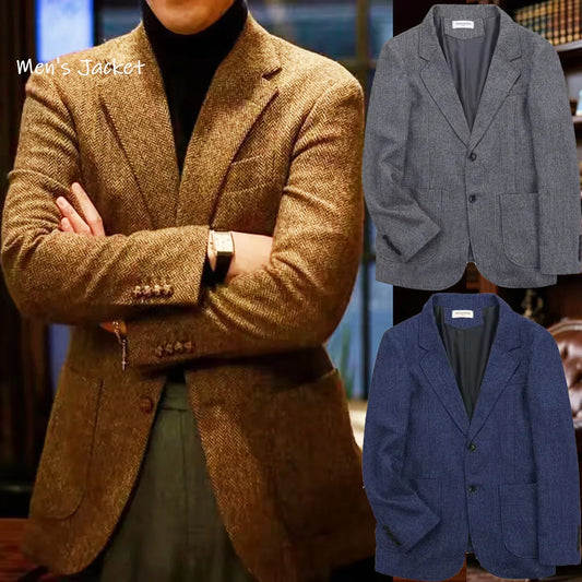 Men's Herringbone Tweed Blazer Wool Blend Notch Lapel Slim Fit 2-Button Business Casual Sport Coat