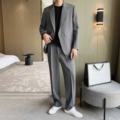 Men's Spring Autumn Casual Blazer Set Korean Slim Fit Lightweight Loose Smart Chic Suit Jacket Fashion Trendy Top