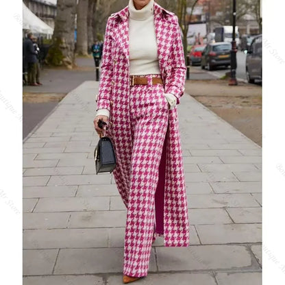 Elegant Houndstooth Women Suits 2 Piece Peak Lapel Formal Casual Prom Party Pants Sets Blazer with Pants