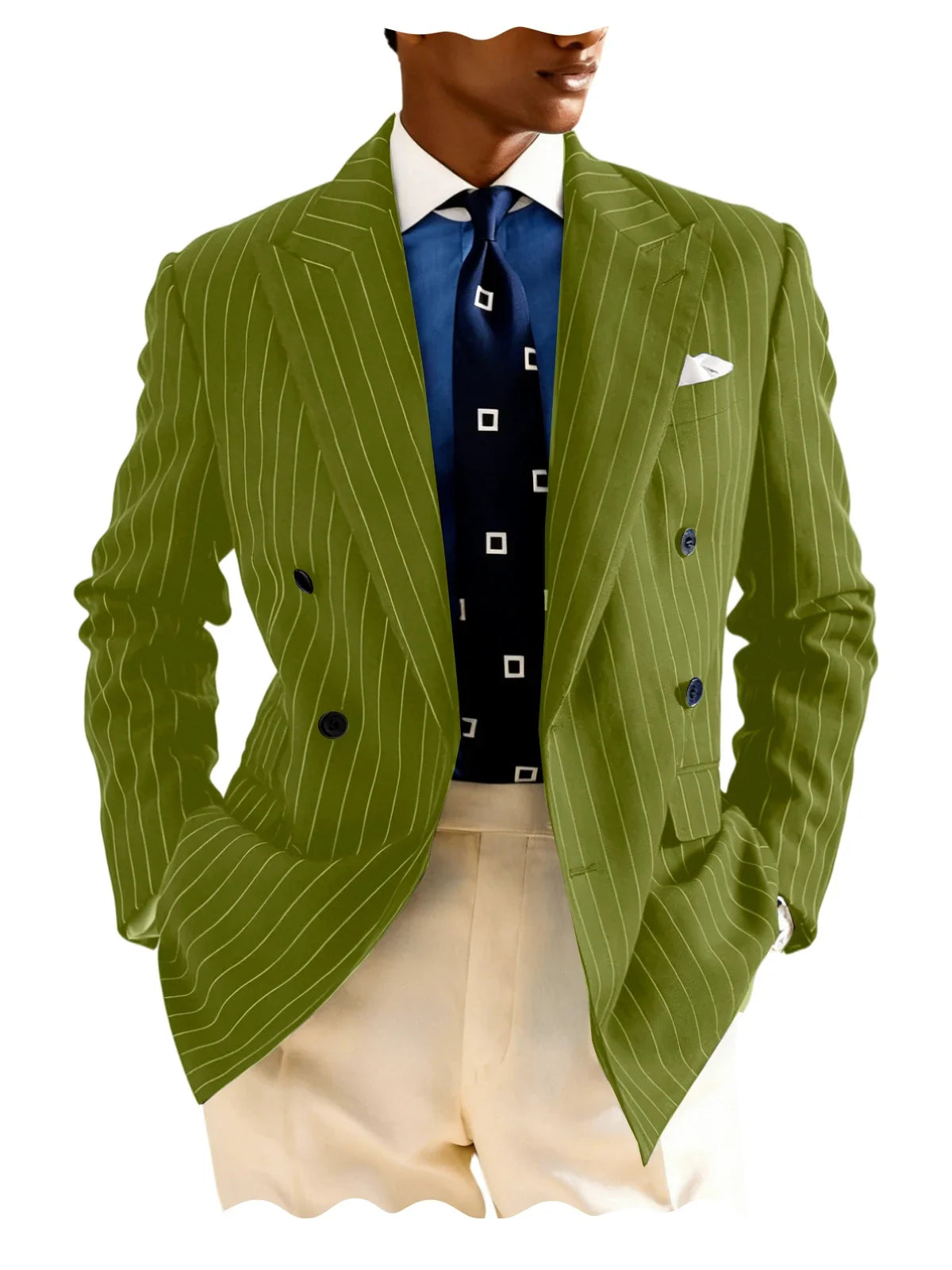 Men's Pinstripe Double Breasted Blazer Classic Peak Lapel Slim Fit Striped Suit Jacket For Party Prom Business Formal Coats