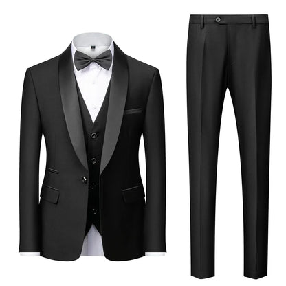 Men's black 3-piece slim fit elegant formal casual 3-piece set jacket vest pants business wedding dance regular sports jacket
