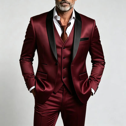 Costume 3 pièces pour homme à revers châle — Coupe ajustée, à simple boutonnage, idéal pour les mariages, les banquets et diverses occasions décontractées