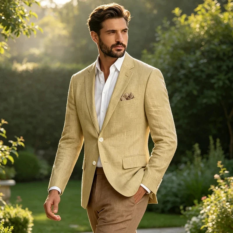 Men's Linen Blazer Notch Lapel 2 Buttons Slim Fit Casual Sport Jacket Lightweight Breathable Summer Business Wedding Daily Wear