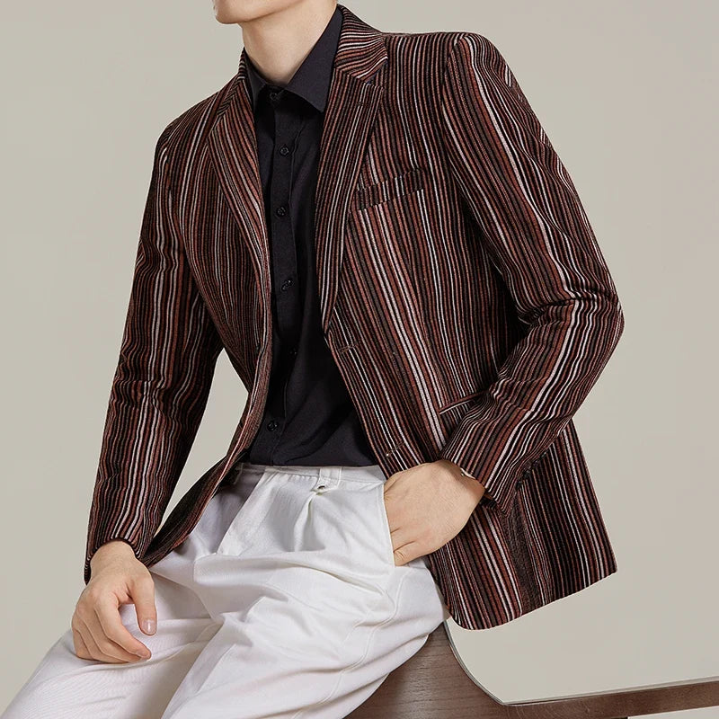 2025 Autumn Winter Velvet Striped Fashion Casual Suit Jacket Slim Fit Versatile Business Blazers Social Wedding Groom Dress Coat