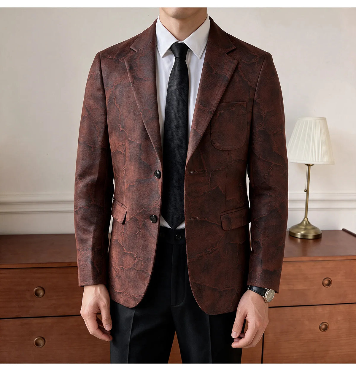 Men's Embossed Suede Blazer Smart Casual Single Breasted Jacket for Everyday Wear